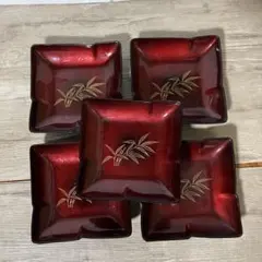 D-4 【5枚セット】和食器 漆器風 銘々皿 小皿 溜塗り風 金彩 竹柄 角皿