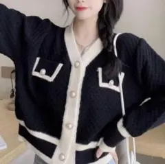 GRL★ダイヤ柄編み配色Vネックニットカーディガン☆ブラック★M☆黒★グレイル