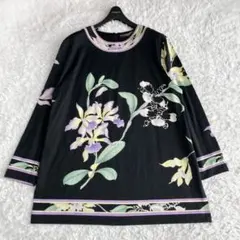 LLサイズ レオナール チュニック トリム 花 シルク混 大きいサイズ 黒