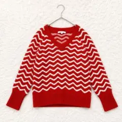 ギャップ Vネック ボーダー ニット セーター レッド M 厚手 秋冬 美品のサムネイル