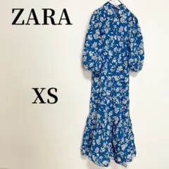 ザラ ボタニカル ロングワンピース ブルー リゾート 夏 海 古着コーデ XS