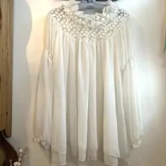 フリルシアーブラウス　花柄刺繍　とろみドレープ　アイボリー　フェアリーグランジ