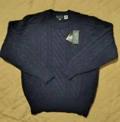 ウール100% ネイビー ケーブル編みセーター Mサイズ