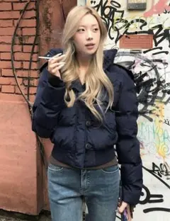 ネイビー ダウンジャケット　ファー付き　 shein