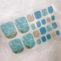 ジェルネイルシール フット用 ブルー 海 マリン 貝殻 シェル ラメ ゴールド