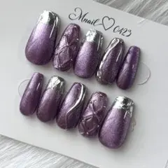 マグネットネイルパープルガラスフレンチネイルニュアンスネイル結婚式