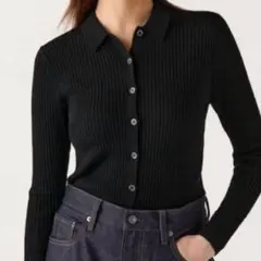 UNIQLO メリノリブポロカーディガン 長袖 ブラック Sのサムネイル