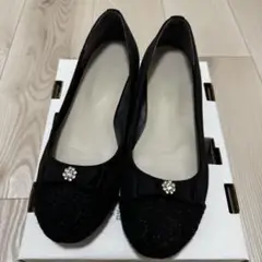 Jerry beans リボンビジュー付きブラックフラットシューズ　24センチ