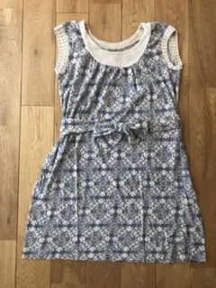 K.T キヨコタカセ　綿麻ニット切り替えチュニック　生成りxブルー　9号