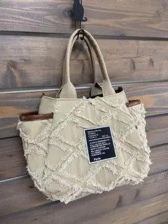 ひし形フリンジデニム☆まんまるバッグ　ベージュ