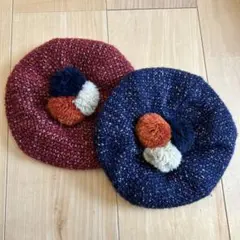 カラフルポンポン付きニットベレー帽