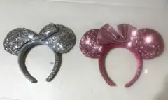 ディズニーリゾート　ミニーのスパンコールカチューシャ　ピンク・シルバー2点セット