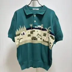 美品heath slection ジャガードポロニットL綿100ターコイズブルー