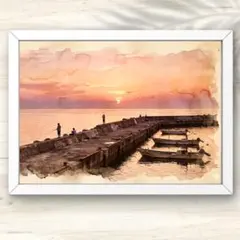 A4 夕焼けに染まる港の防波堤と小舟の風景画アート 穏やかな海辺の情景 水彩画