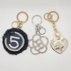 キーホルダー3点 No5 カメリア フラワー リボン ハート チャーム