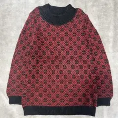 ニット セーター レッド ブラック 総柄 ハイネック 幾何学 M相当 y2k