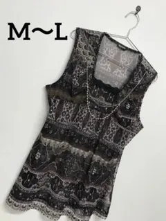 ペイズリー柄　アジアン　黒　タンクトップ　M〜L ネックレス付き