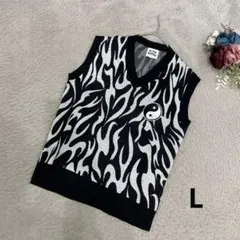 チュウカタベタイ　美品　ニットベスト　Ｖネック　総柄　L 黒　春秋冬