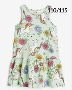 ☆新品☆H&M ワンピース　ユニコーン&フラワー♡ライトグリーン110 ①