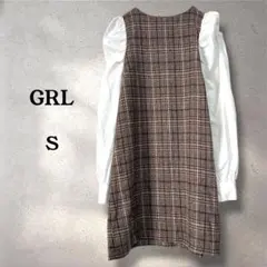 グレイル チェック柄 膝丈ワンピース S ブラウン ドッキング 長袖 春秋冬