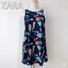 【美品】　ザラ　ポップアート 総柄 ノースリーブチュニック ネイビー