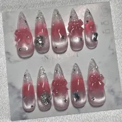 【現品】ラメ×チーク×マグネット ネイルチップ リボン 韓国 量産