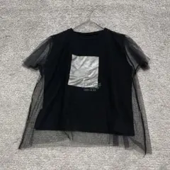 【mily bilet】チュール重ね着風 シルバー箔 プリントTシャツ 黒のサムネイル