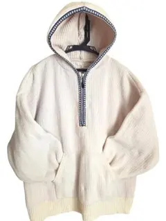 オーバーサイズホワイト フード付きリブ編みパーカーＬ