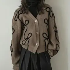 リボン模様 ブラウンニットカーディガン Free