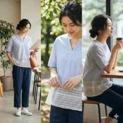 【綿100%】HusHusH 裾レース ストライ半袖プブラウス M 体型カバーのサムネイル