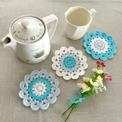 手編み　ドイリー　コースター　茶托　ガーランド　アップリケ　3枚　ハンドメイド