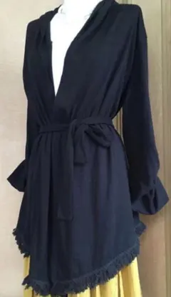 袖2wayブラックフリンジフードベルト付きロングカーディガンMサイズ