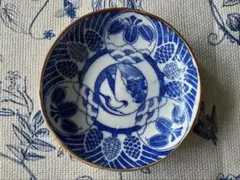 明治後期～大正 印判 染付 双鶴桐文 小皿 鉄縁 11cmのサムネイル