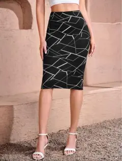 大きいサイズ♥️幾何学模様×タイトスカート 3L 4L ブラック 黒 モノトーン
