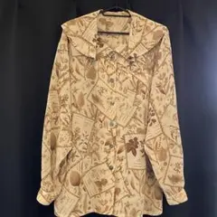植物柄 ベージュ 長袖シャツ 丸襟