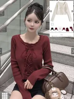 編み上げリボンレースフリルニットトップス ホワイト dk1544