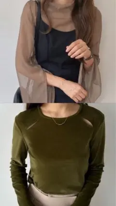 シースルー袖オリーブグリーン長袖トップス