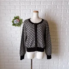 a1721 ジーユー 千鳥格子柄 ニットカーディガン L 黒 白 総柄 レトロ