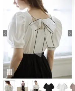 GRL オーガンジー バックリボン パフスリーブ テレコリブ トップス
