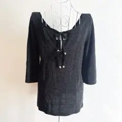 薄手のラメニット チュニック M 七分袖 紐リボン 輝き 上品　レディース