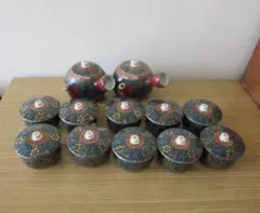 (箱なし)　九谷焼　蓋付茶器揃　青粒鉄仙　急須2点・湯呑10点セット