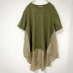 【個性的】33℃ 異素材切り替え フィッシュテール ロゴプリントTシャツ カーキ