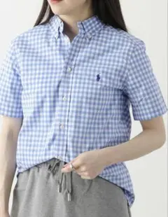 ラルフローレン　ワンポイント刺繍ギンガムチェック半袖シャツブルー　ロゴ緑　160