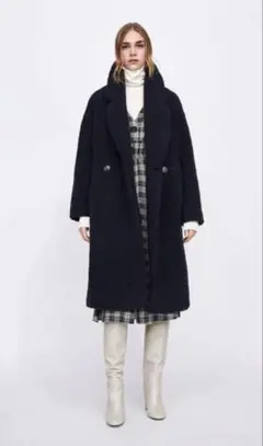 最終値下げ　ZARA ザラ テクスチャー入り コート ボア ネイビー XS