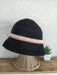 バケットハット　ビーニー　ハンドメイド　かぎ針編み　コットン糸　黒