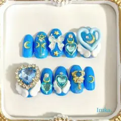 魔法少女ネイルチップ 水色 スカイブルー 青 キラキラ ハート ゆめかわ