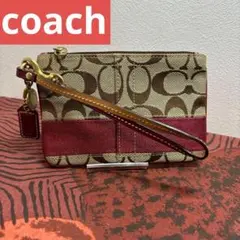 美品 COACH コーチ シグネチャー キャンバス マルチポーチ ブラウン×赤