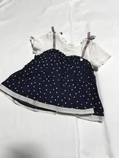 プティマイン ネイビー・ホワイト水玉ドッキング半袖Tシャツ