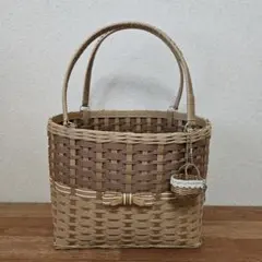 ♥️エコクラフト　ツートンのリボン付きかごバッグ〖中〗No.１♥️ハンドメイド