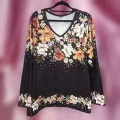 新品更にOFF♥花柄 Vネック 長袖 カットソー ブラック XL9680